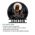 Bloodhound metal sign shown with a moonlit forest design alongside a cut-metal sign feature overview
