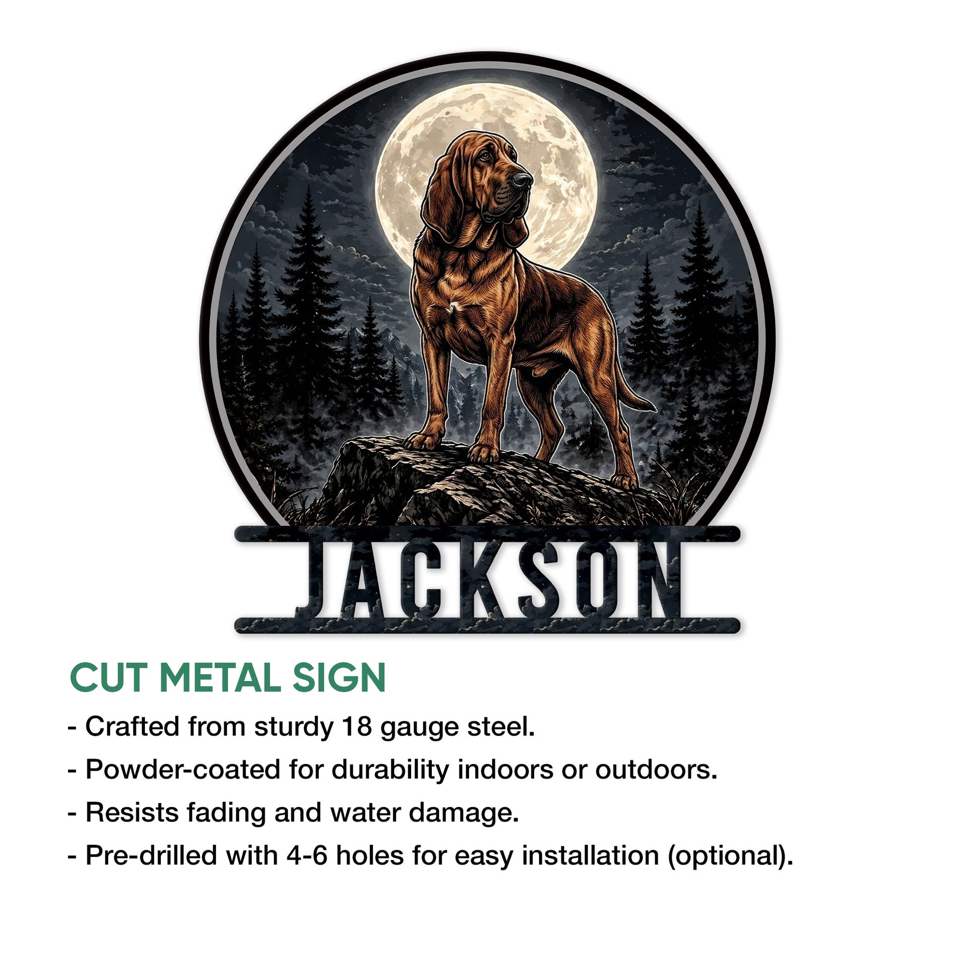 Bloodhound metal sign shown with a moonlit forest design alongside a cut-metal sign feature overview