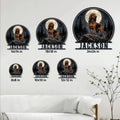 Bloodhound metal sign size guide displaying six available square sizes from 8x8 to 24x24 inches