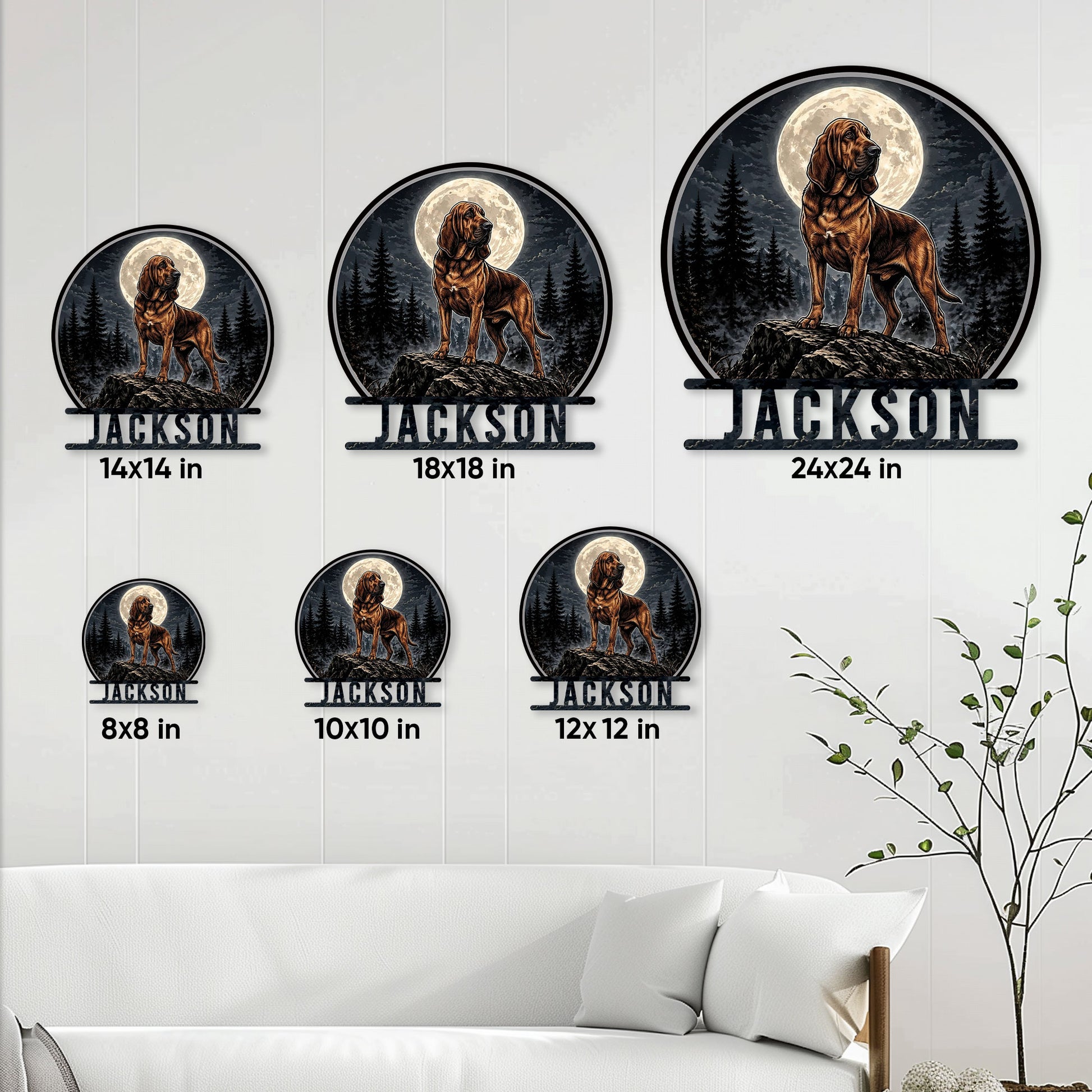 Bloodhound metal sign size guide displaying six available square sizes from 8x8 to 24x24 inches
