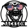 Belgian Shepherd metal sign featuring a smiling dog portrait wearing American flag sunglasses