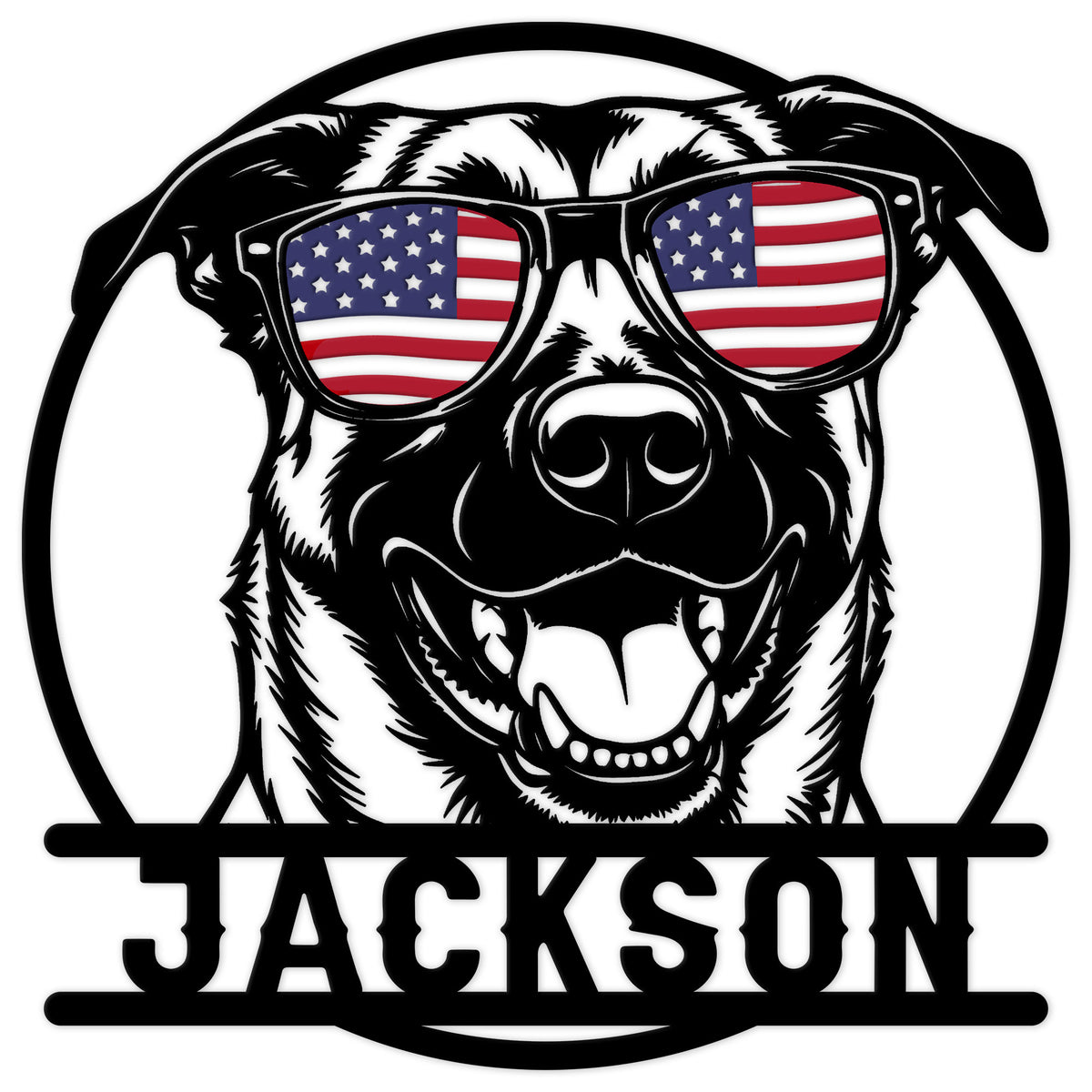 Belgian Shepherd metal sign featuring a smiling dog portrait wearing American flag sunglasses