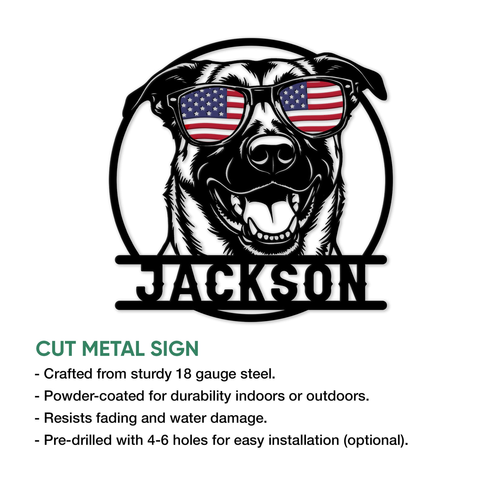 Belgian Shepherd dog metal sign shown as a cut steel wall decor design
