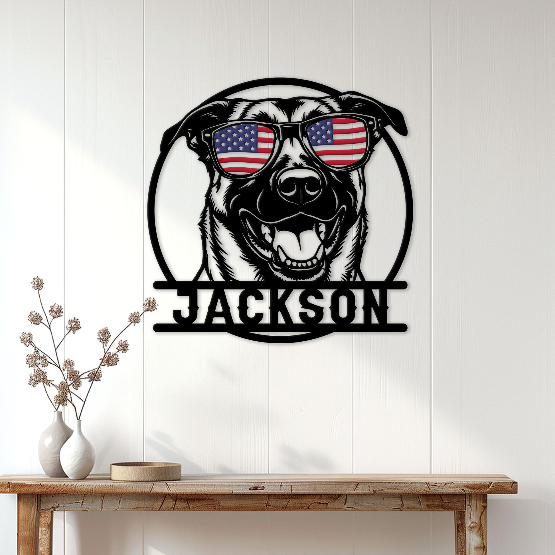 Patriotic Belgian Shepherd metal sign displayed on a light wood-paneled wall