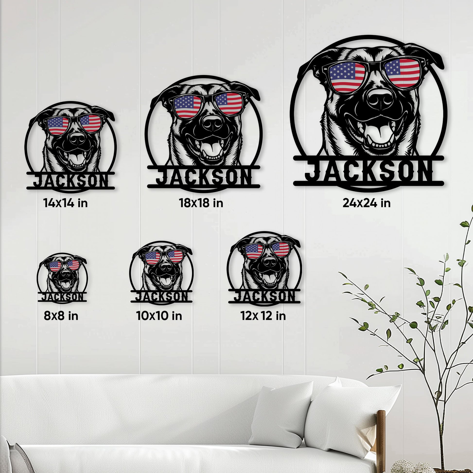 Belgian Shepherd metal sign size guide showing options from 8 by 8 to 24 by 24 inches