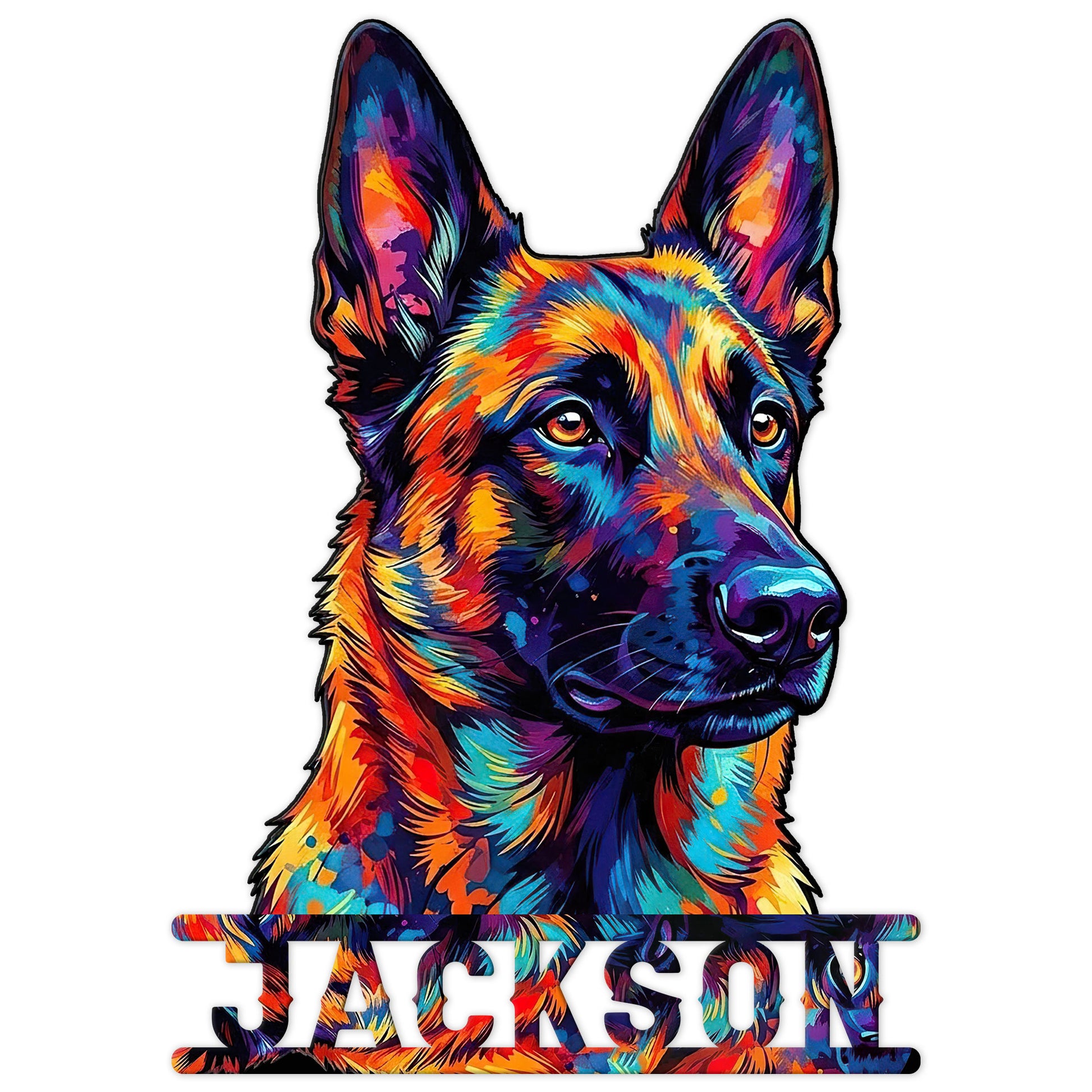 Colorful Belgian Shepherd portrait metal sign with a bold cutout silhouette and decorative nameplate design