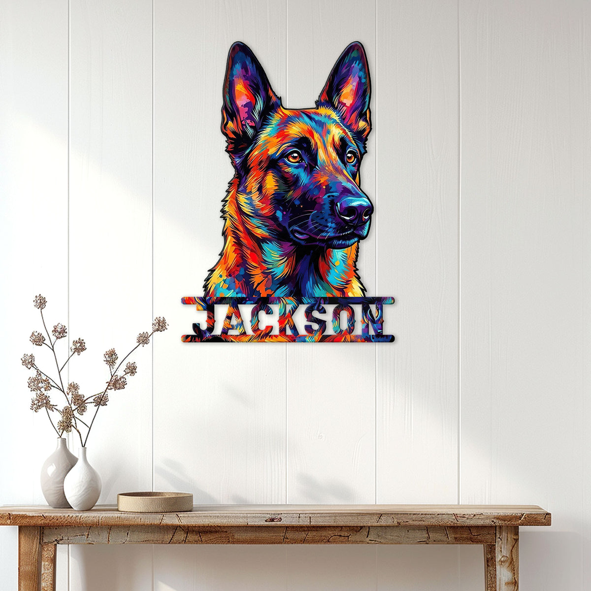 Colorful Belgian Shepherd wall sign displayed on a white paneled wall above a console table