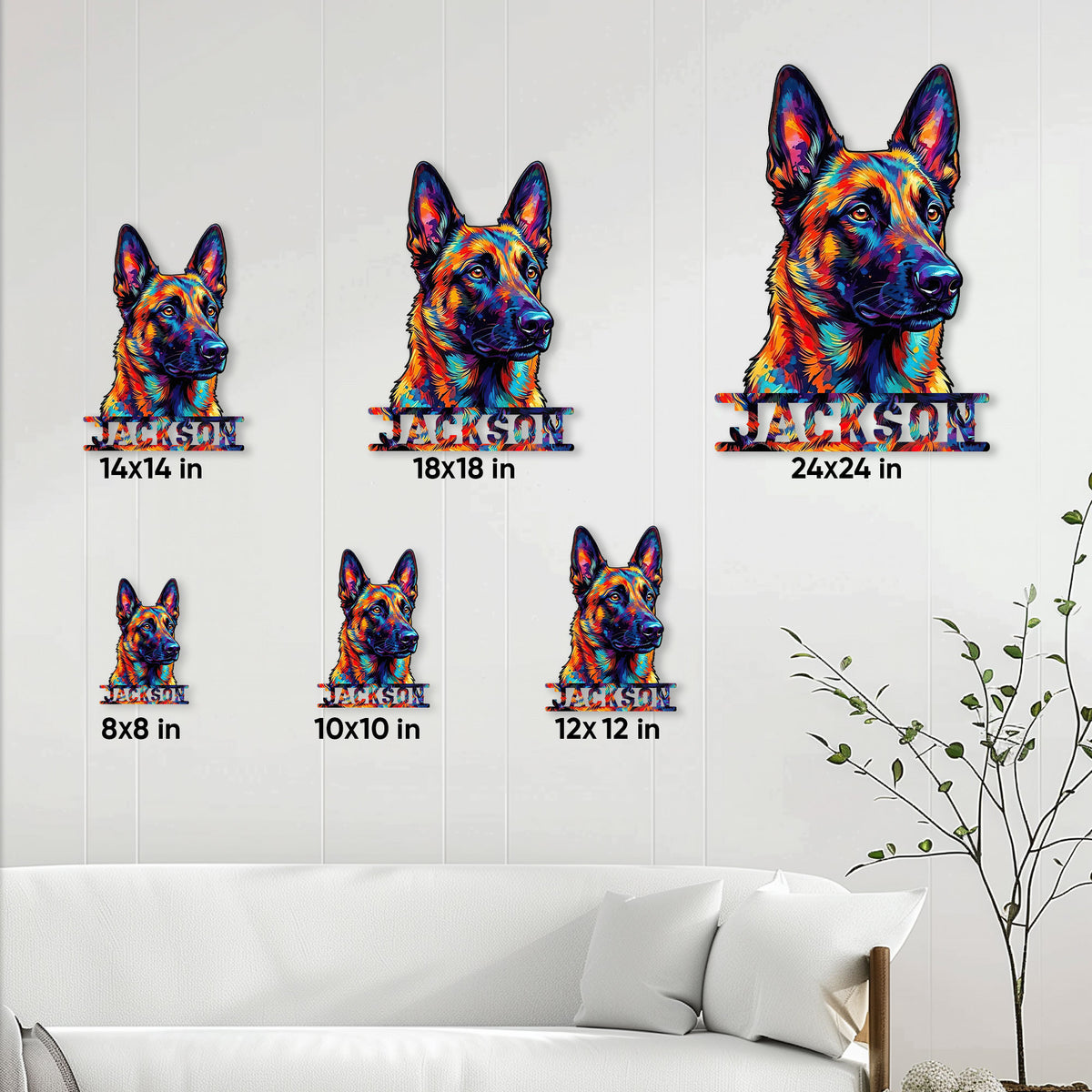 Belgian Shepherd metal sign size guide showing available square sizes from 8x8 to 24x24 inches