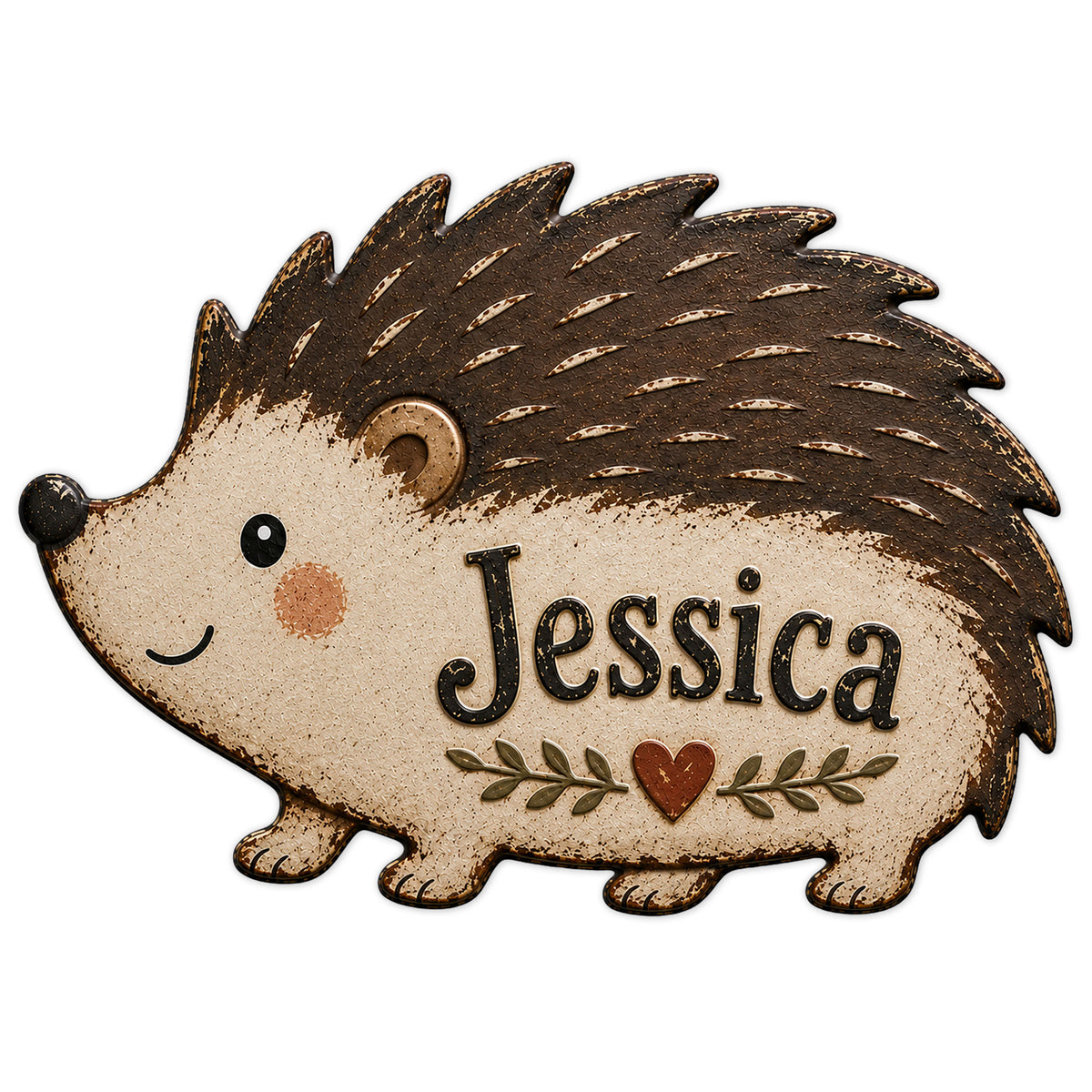 Close-up of a cute hedgehog-shaped metal sign with textured brown quills, a heart and leafy accent