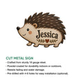 Hedgehog cut metal sign shown with a product feature infographic and decorative heart motif