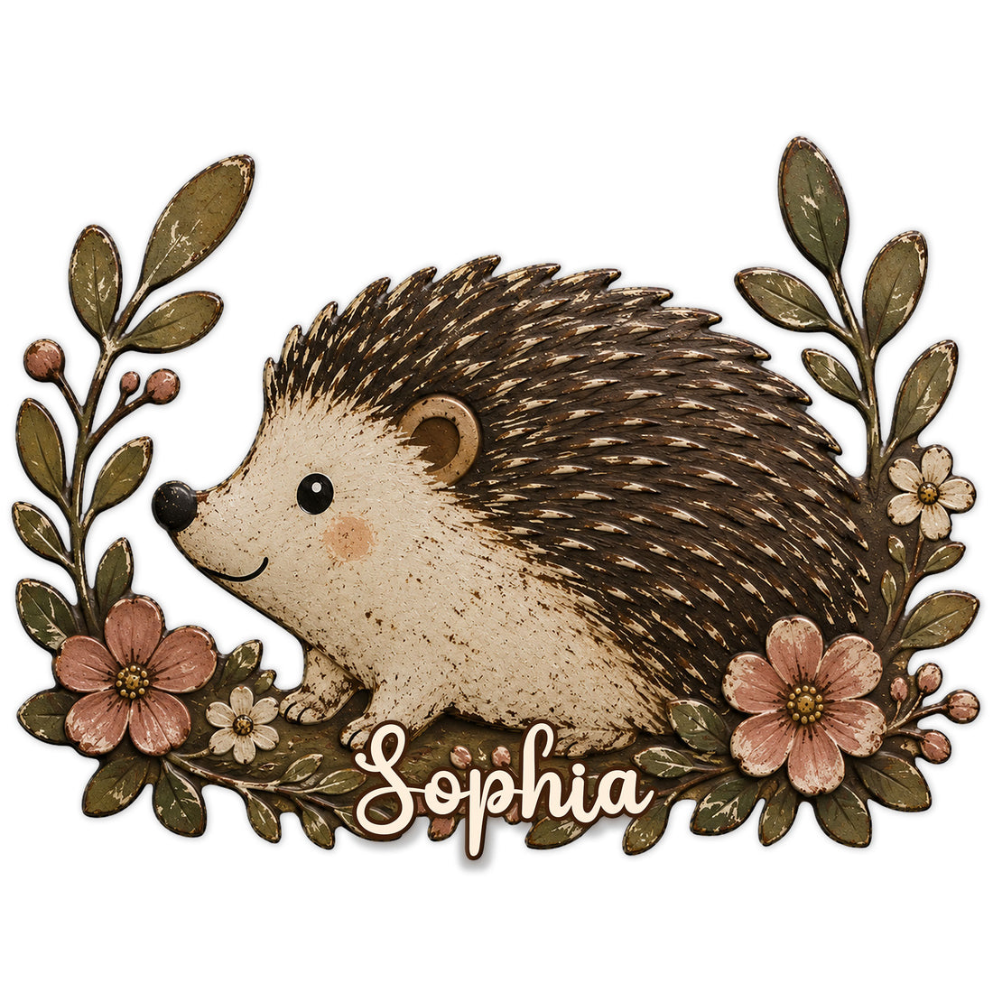 Detailed hedgehog metal sign framed by leafy branches and soft pink flowers in a vintage woodland style