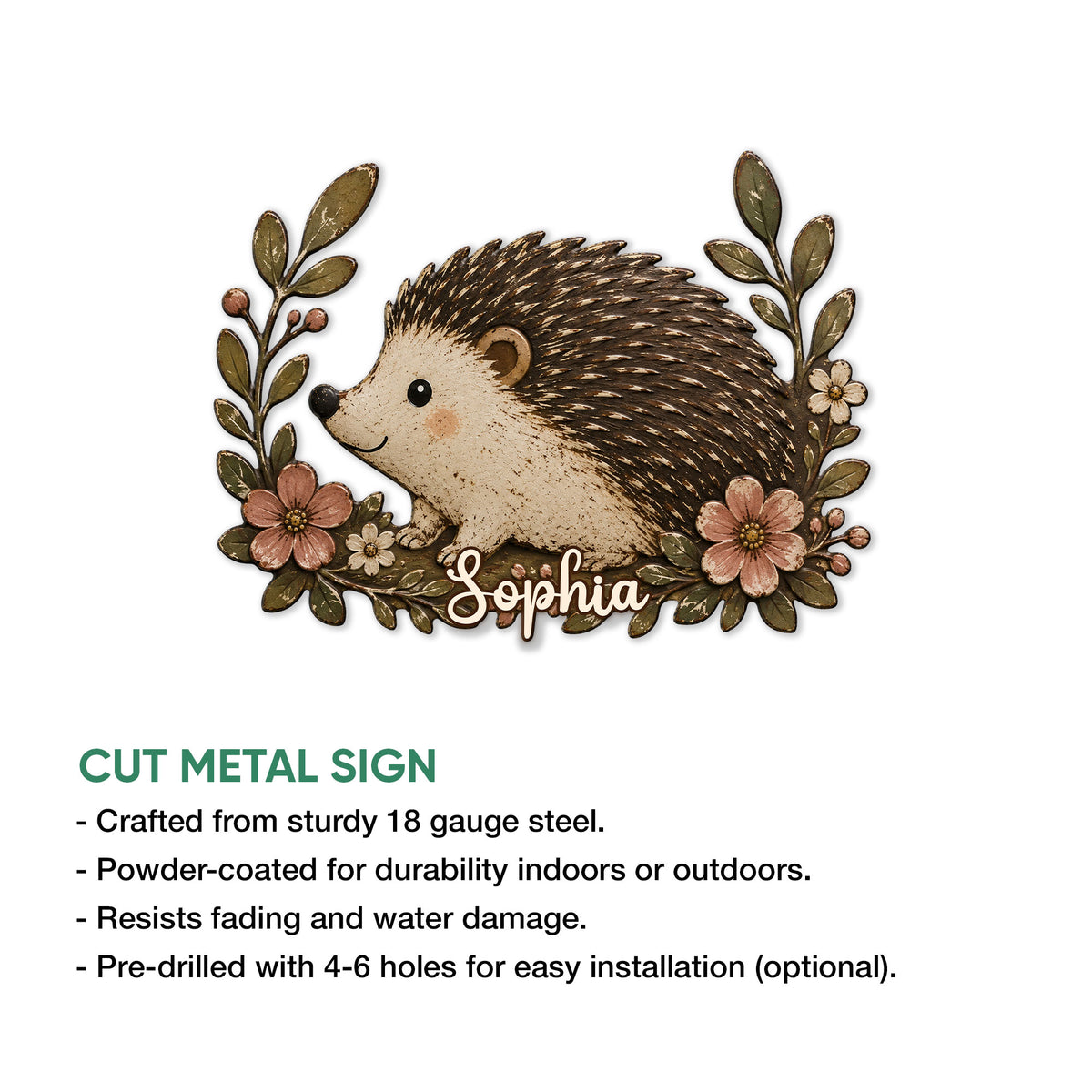 Hedgehog metal sign feature graphic showing the floral woodland artwork and cut metal sign presentation