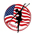 Patriotic baton twirler silhouette metal sign with an American flag design and circular red border