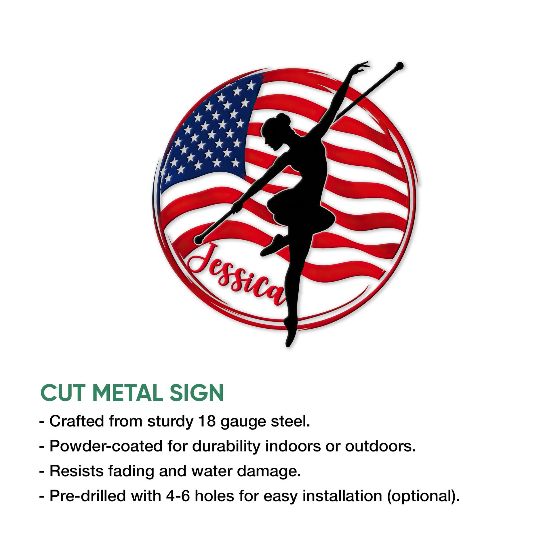 Baton twirling metal sign featuring a black performer silhouette over a red, white, and blue flag