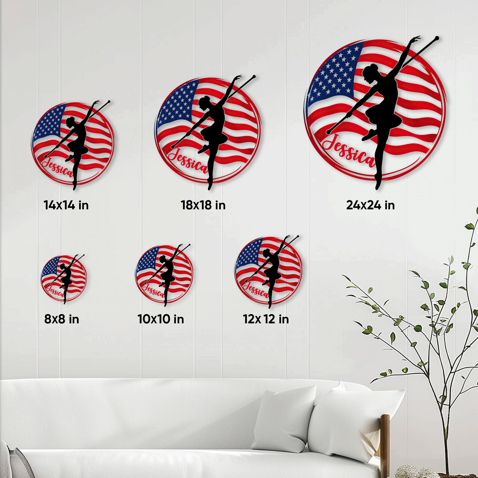 Baton twirler metal sign shown in six size options ranging from 8 by 8 to 24 by 24 inches