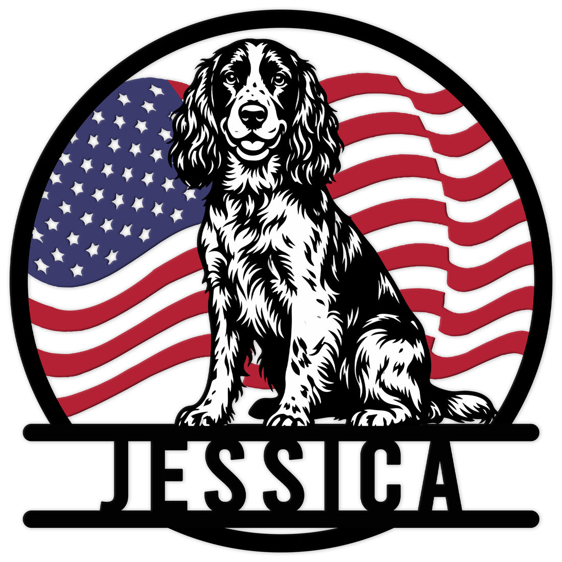 English Springer Spaniel metal sign featuring a black-and-white dog portrait over a waving American flag