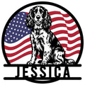 English Springer Spaniel metal sign featuring a black-and-white dog portrait over a waving American flag
