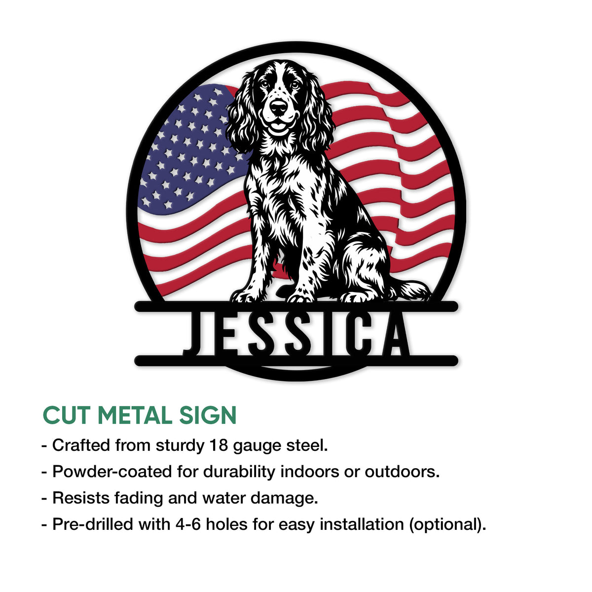 English Springer Spaniel American flag metal sign shown with cut metal sign feature details