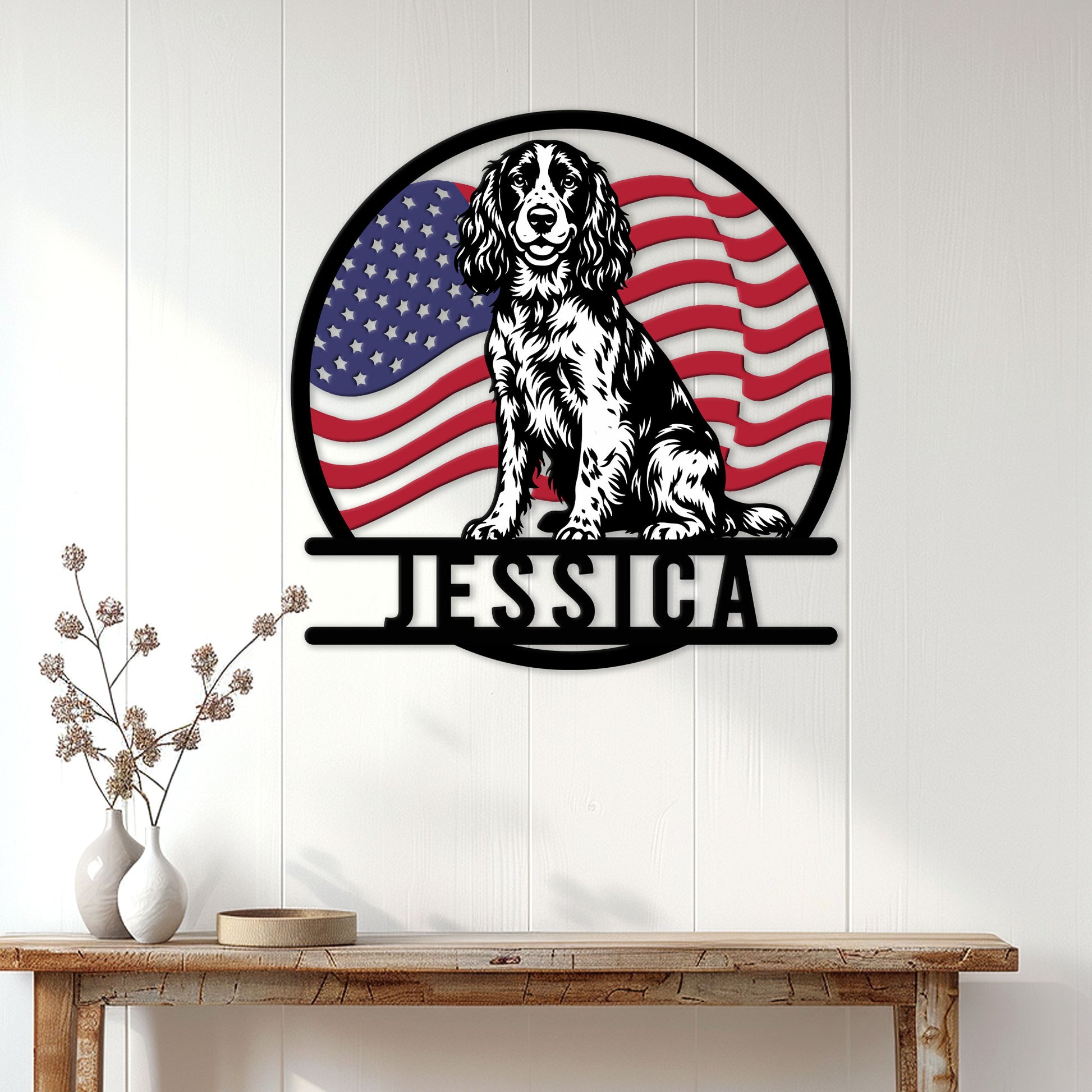 English Springer Spaniel wall sign displayed on a white paneled wall above a rustic console table