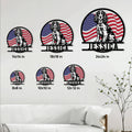 English Springer Spaniel American flag metal sign shown in multiple size options on a living room wall