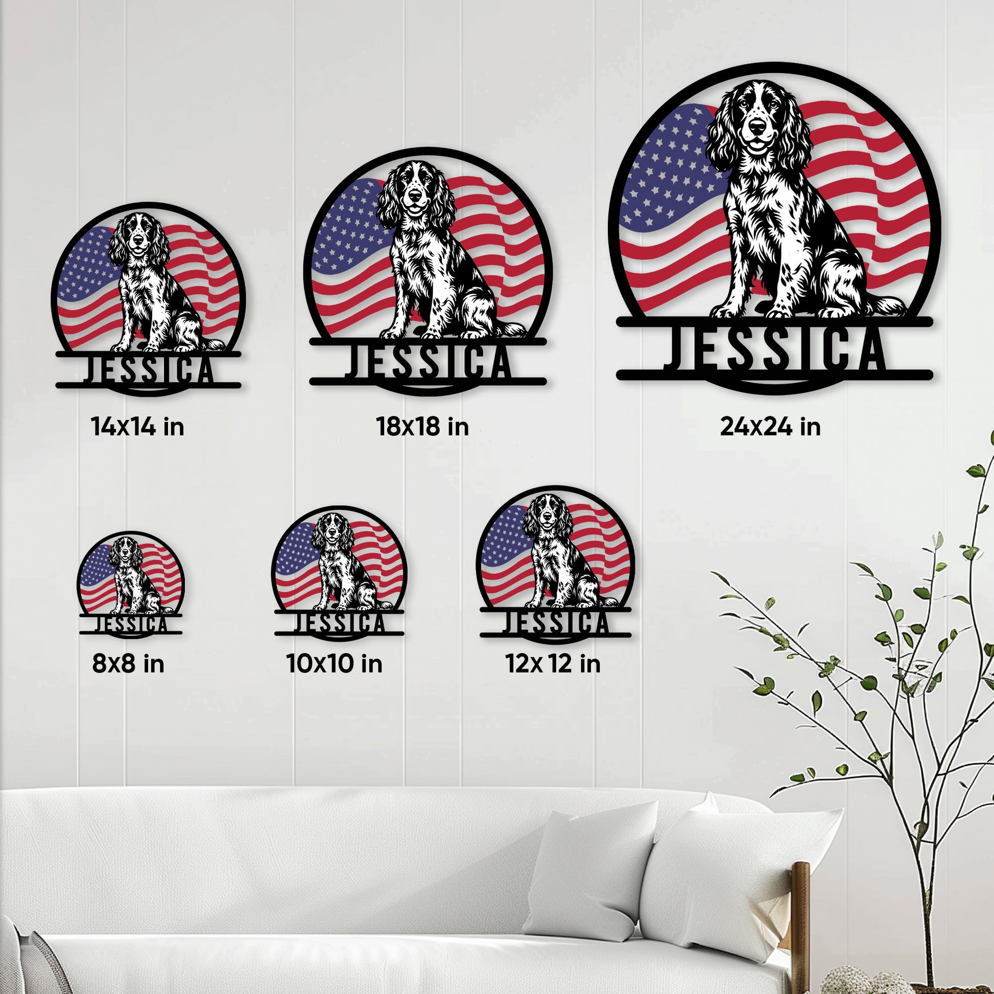 English Springer Spaniel American flag metal sign shown in multiple size options on a living room wall