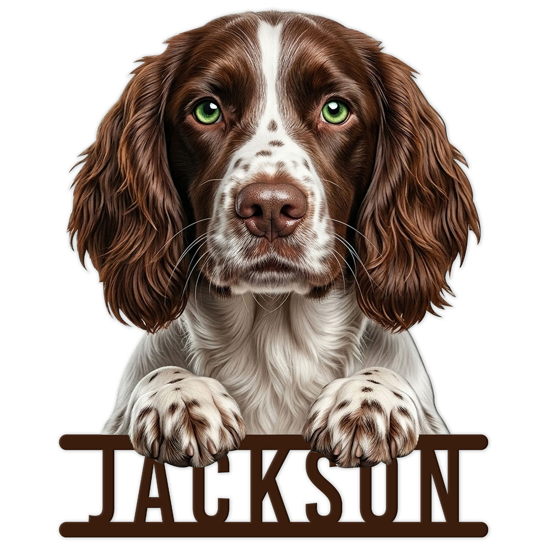 Detailed English Springer Spaniel portrait sign featuring a brown and white dog leaning over a bold nameplate design