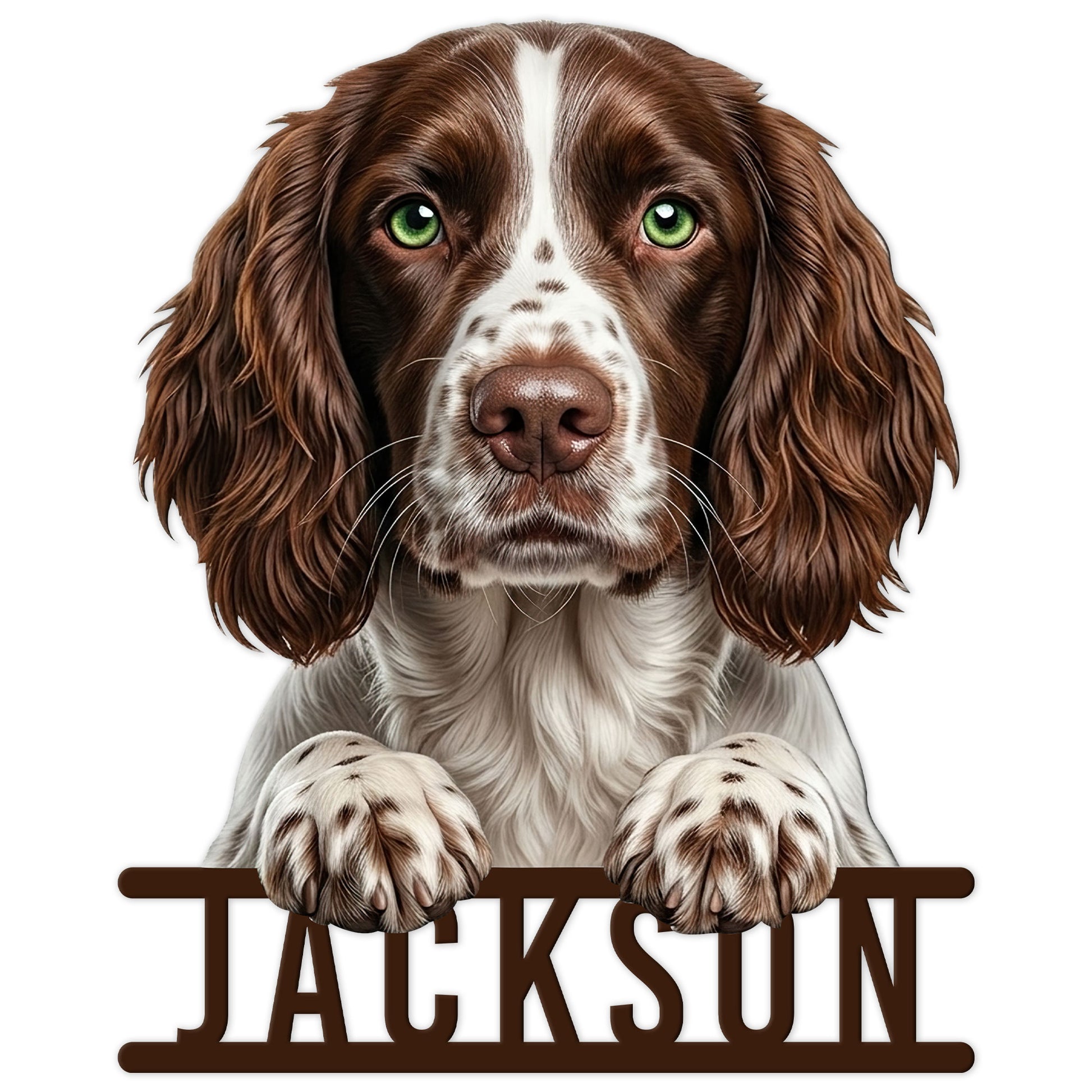 Detailed English Springer Spaniel portrait sign featuring a brown and white dog leaning over a bold nameplate design