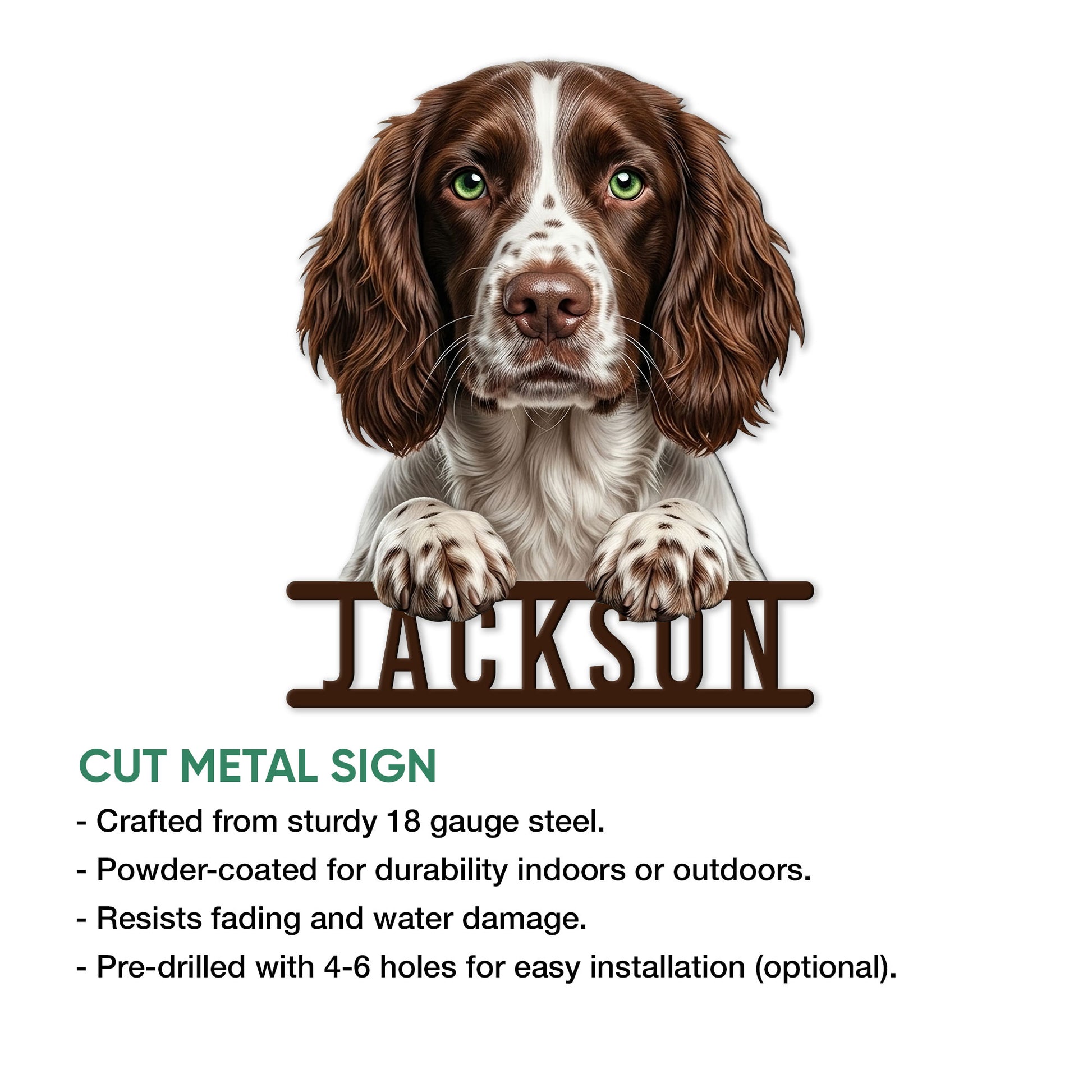 English Springer Spaniel cut metal sign feature graphic showing the dog portrait and product presentation
