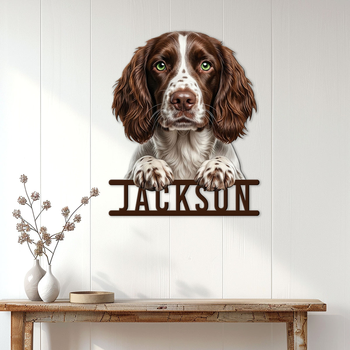 English Springer Spaniel metal sign displayed on a white paneled wall above a console table