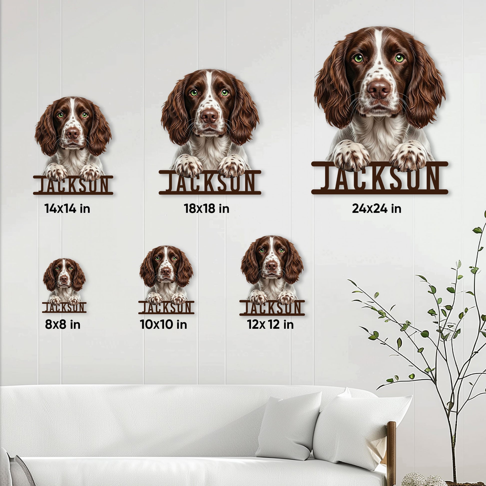 English Springer Spaniel sign size guide showing several available square size options in a home setting