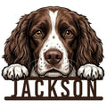 Close-up English Springer Spaniel portrait metal sign featuring a brown and white dog resting its paws on the base
