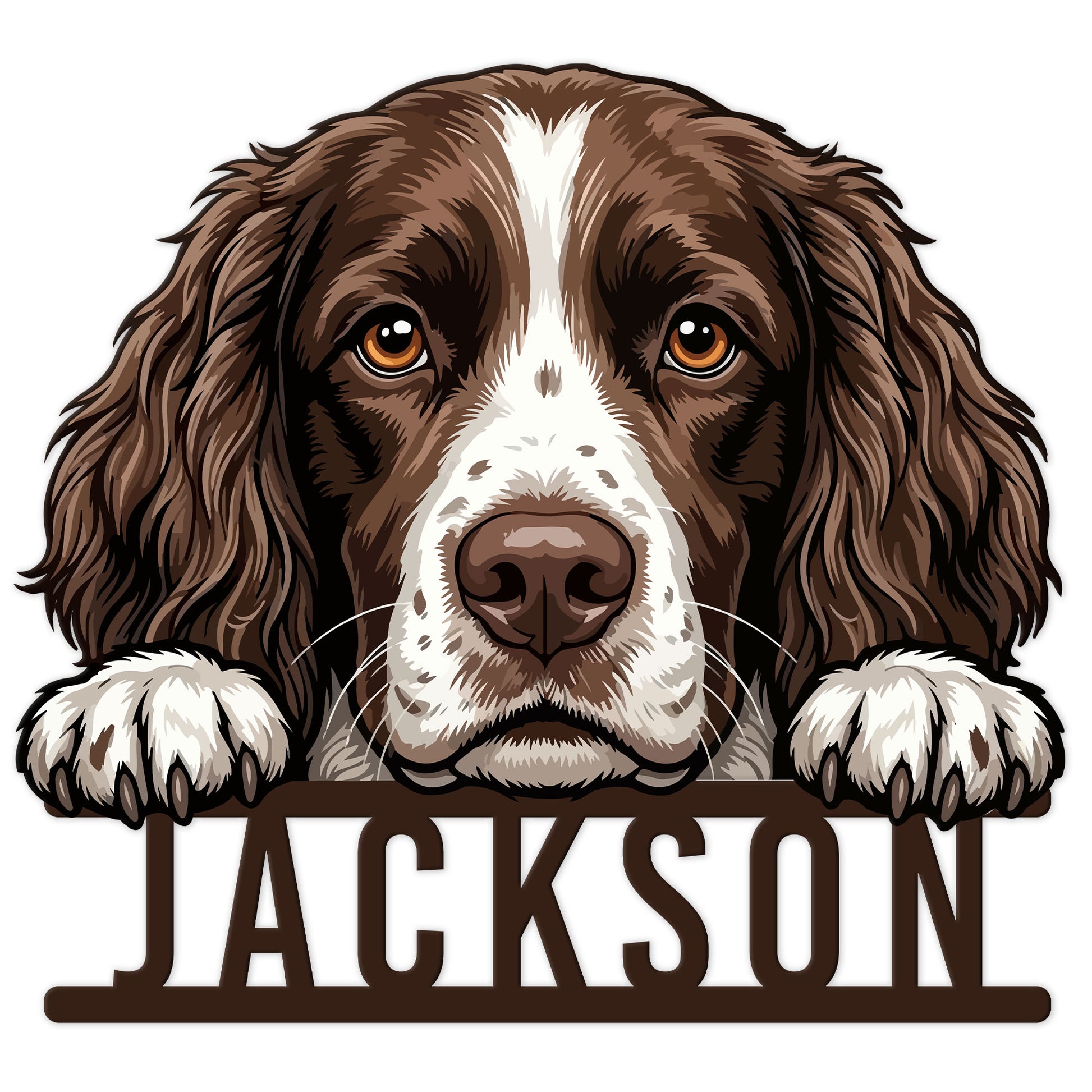 Close-up English Springer Spaniel portrait metal sign featuring a brown and white dog resting its paws on the base