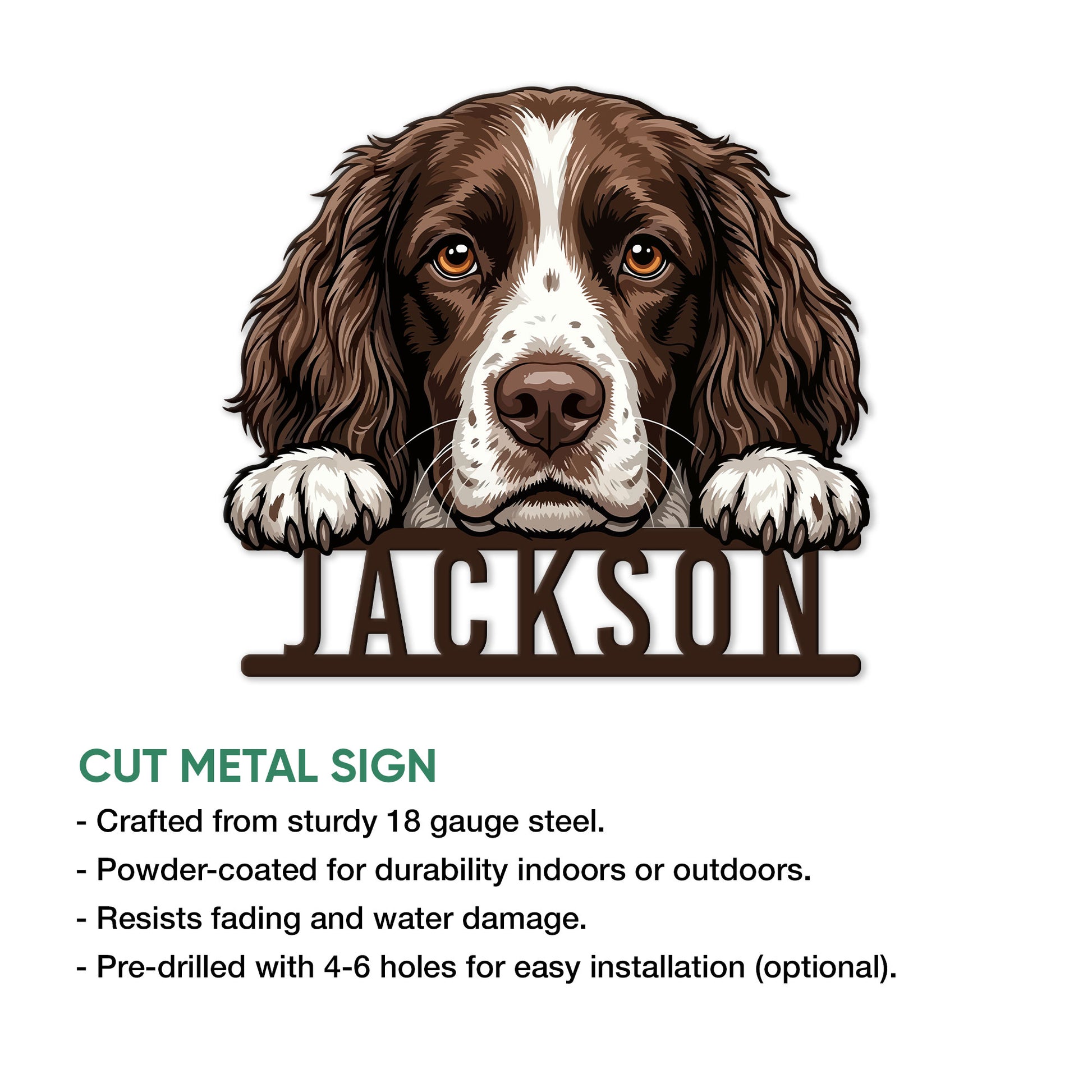 English Springer Spaniel metal sign feature graphic showing cut-metal construction and indoor or outdoor display use