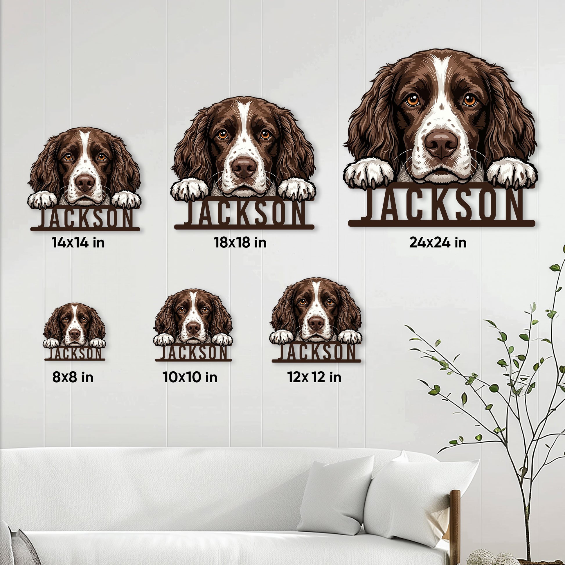 English Springer Spaniel metal sign size guide showing available square sizes from 8 by 8 to 24 by 24 inches