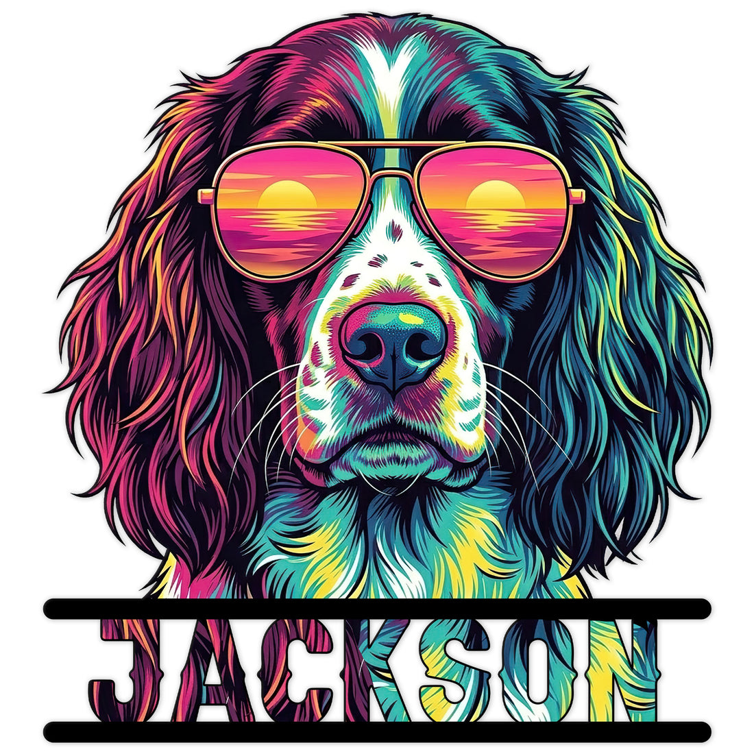 Colorful English Springer Spaniel metal sign featuring aviator sunglasses and vivid pop art styling
