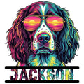 Colorful English Springer Spaniel metal sign featuring aviator sunglasses and vivid pop art styling