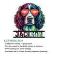 English Springer Spaniel cut metal sign with colorful sunglasses artwork and product feature details