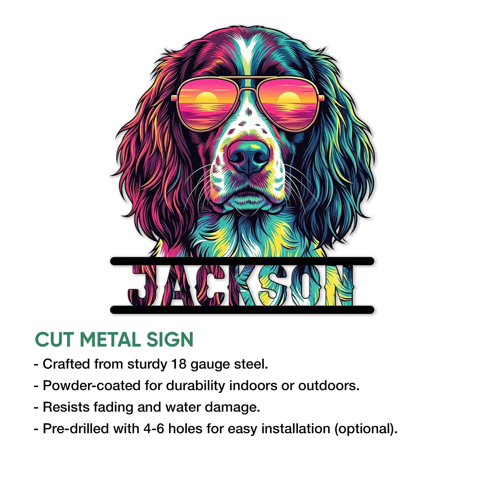 English Springer Spaniel cut metal sign with colorful sunglasses artwork and product feature details
