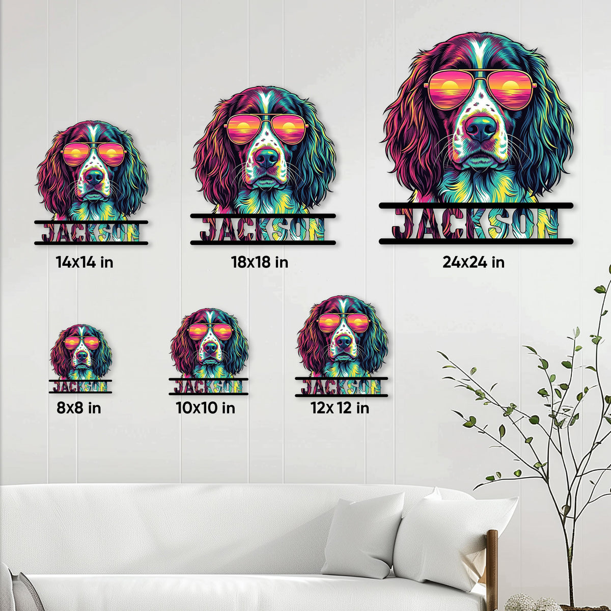 English Springer Spaniel metal sign size guide showing multiple available dimensions on a wall