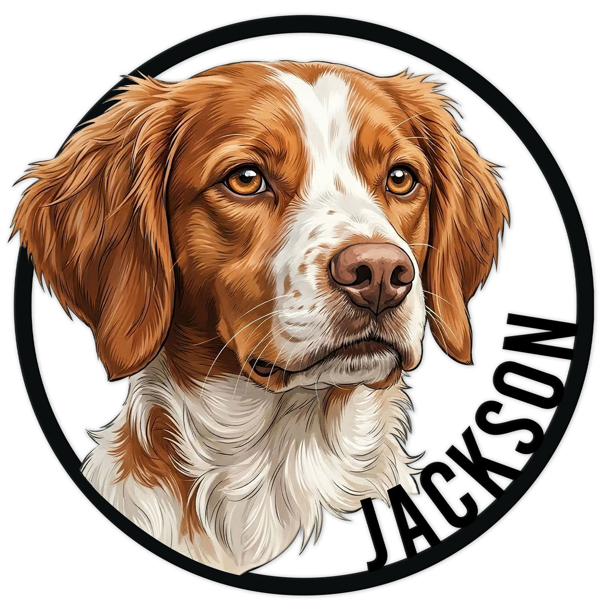 Brittany Spaniel metal sign featuring a detailed chestnut-and-white dog portrait in a circular black frame