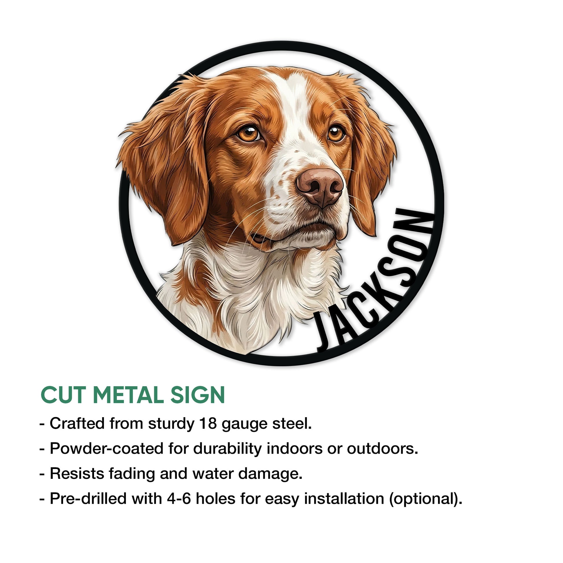 Brittany Spaniel cut metal sign feature guide showing the circular dog portrait and steel construction details