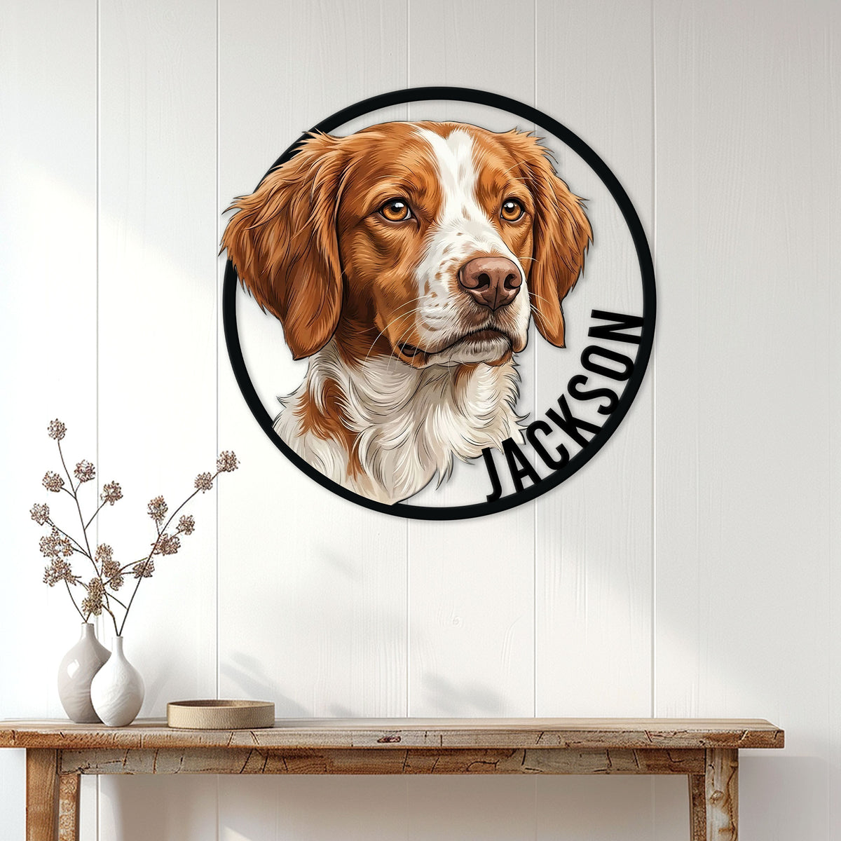 Brittany Spaniel wall sign displayed on a white paneled wall above a rustic entryway table