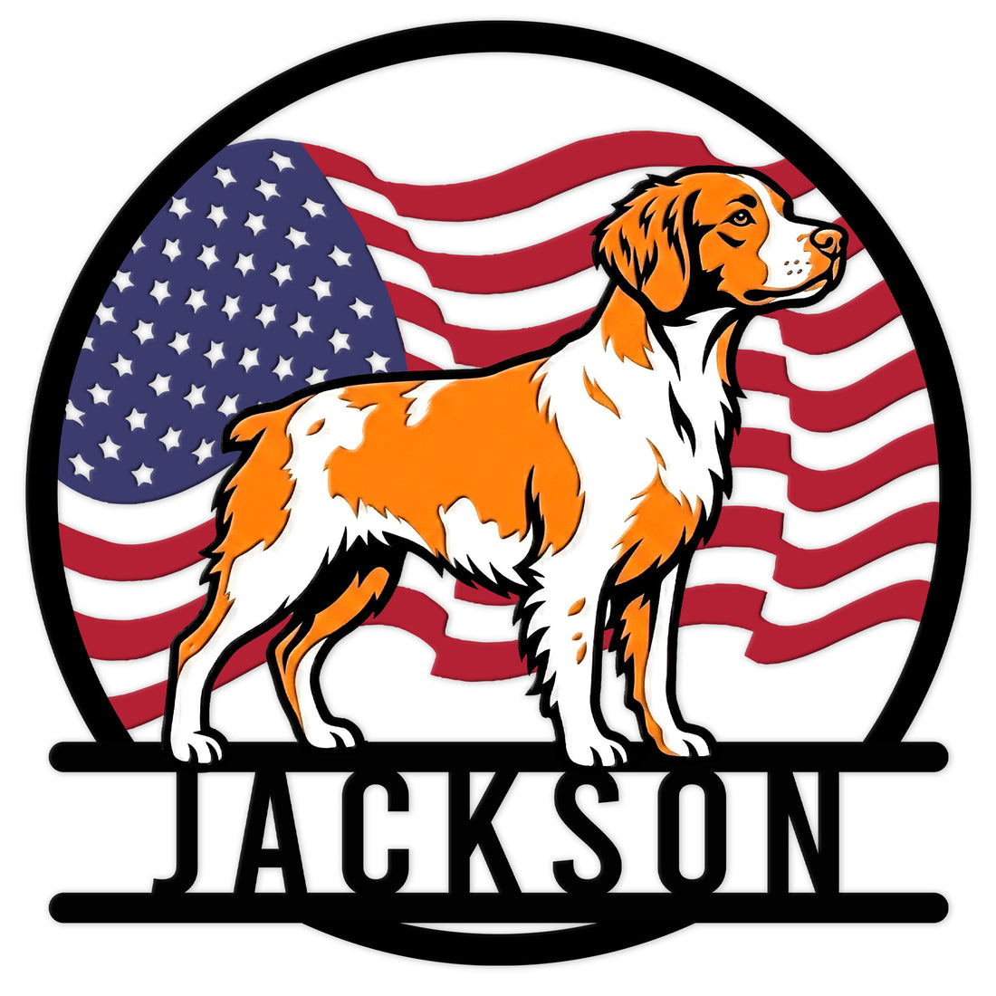 Custom Brittany Spaniel metal sign featuring an orange-and-white dog against a waving American flag