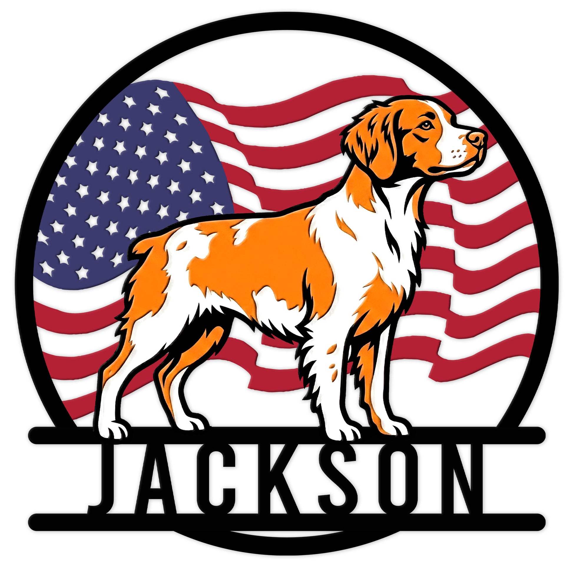 Custom Brittany Spaniel metal sign featuring an orange-and-white dog against a waving American flag