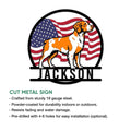 Brittany Spaniel metal sign shown with a patriotic American flag design and product feature details