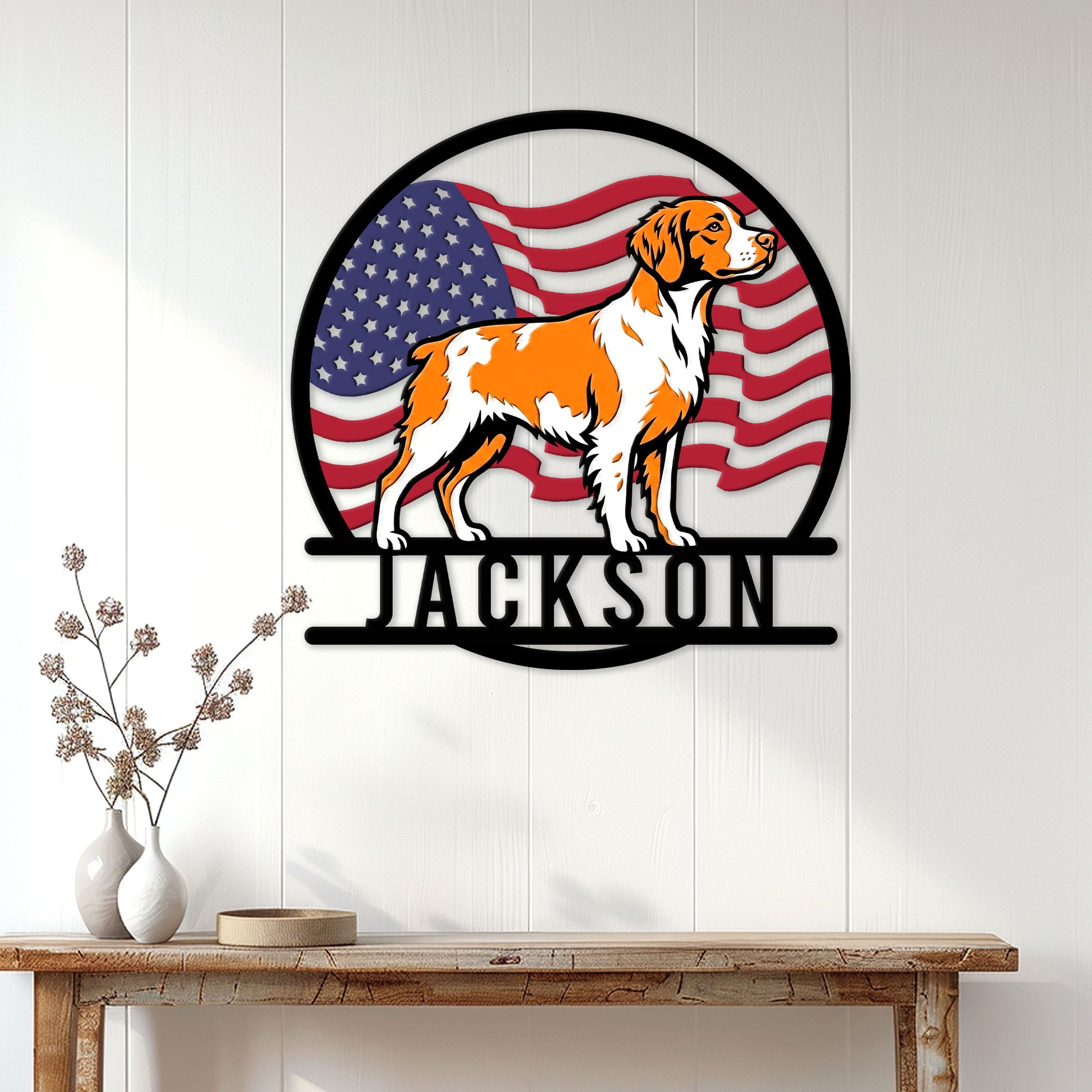 Brittany Spaniel wall sign displayed on a white paneled wall above a rustic console table