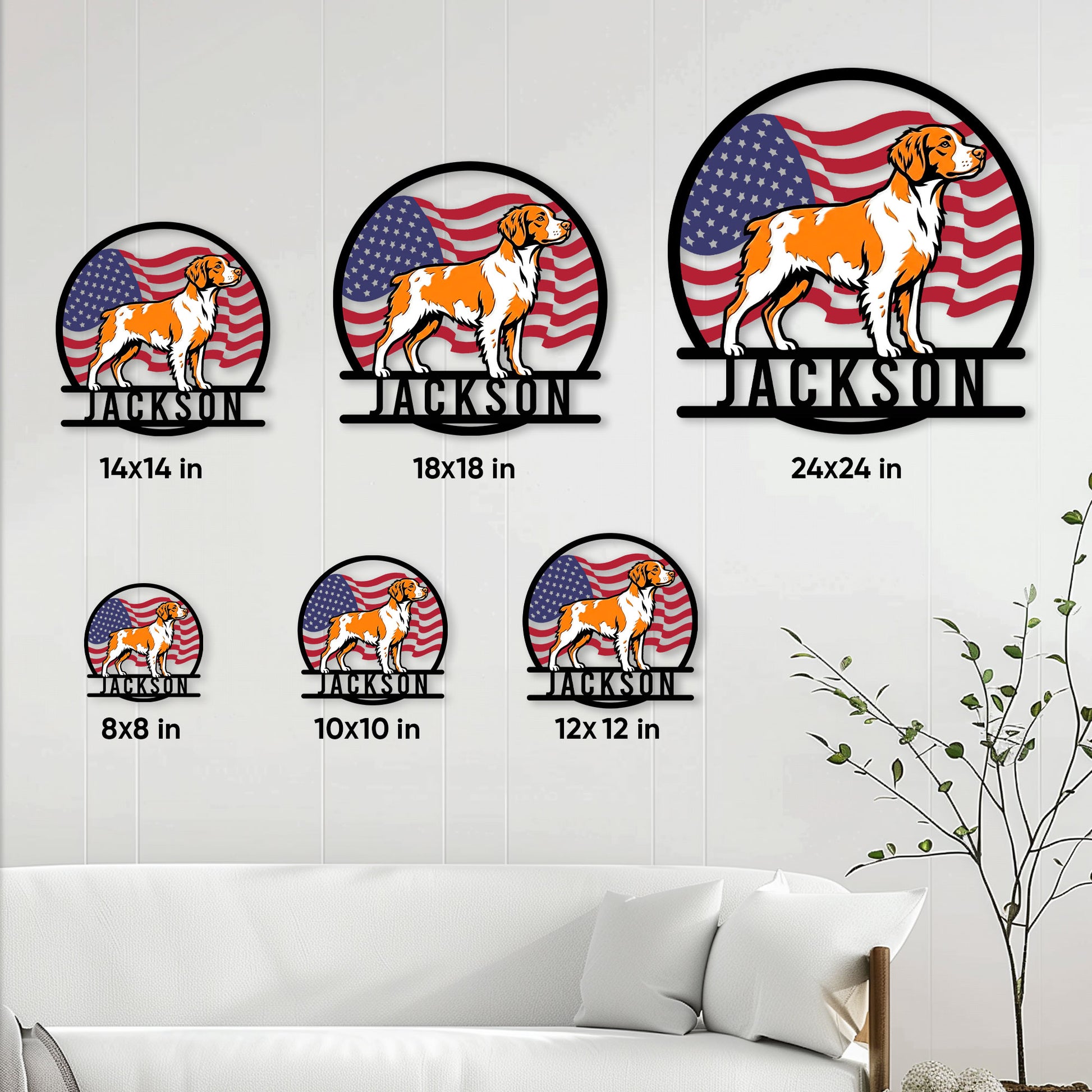Brittany Spaniel metal sign size guide showing six circular size options from 8 by 8 to 24 by 24 inches