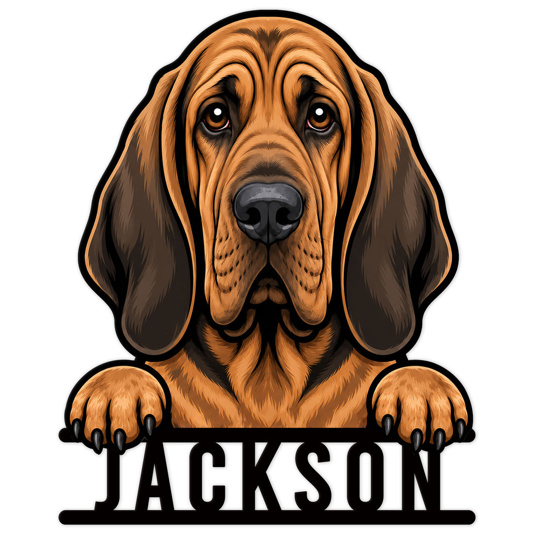 Detailed custom Bloodhound metal sign featuring a front-facing hound portrait with paws resting over a bold base