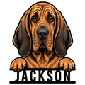 Detailed custom Bloodhound metal sign featuring a front-facing hound portrait with paws resting over a bold base