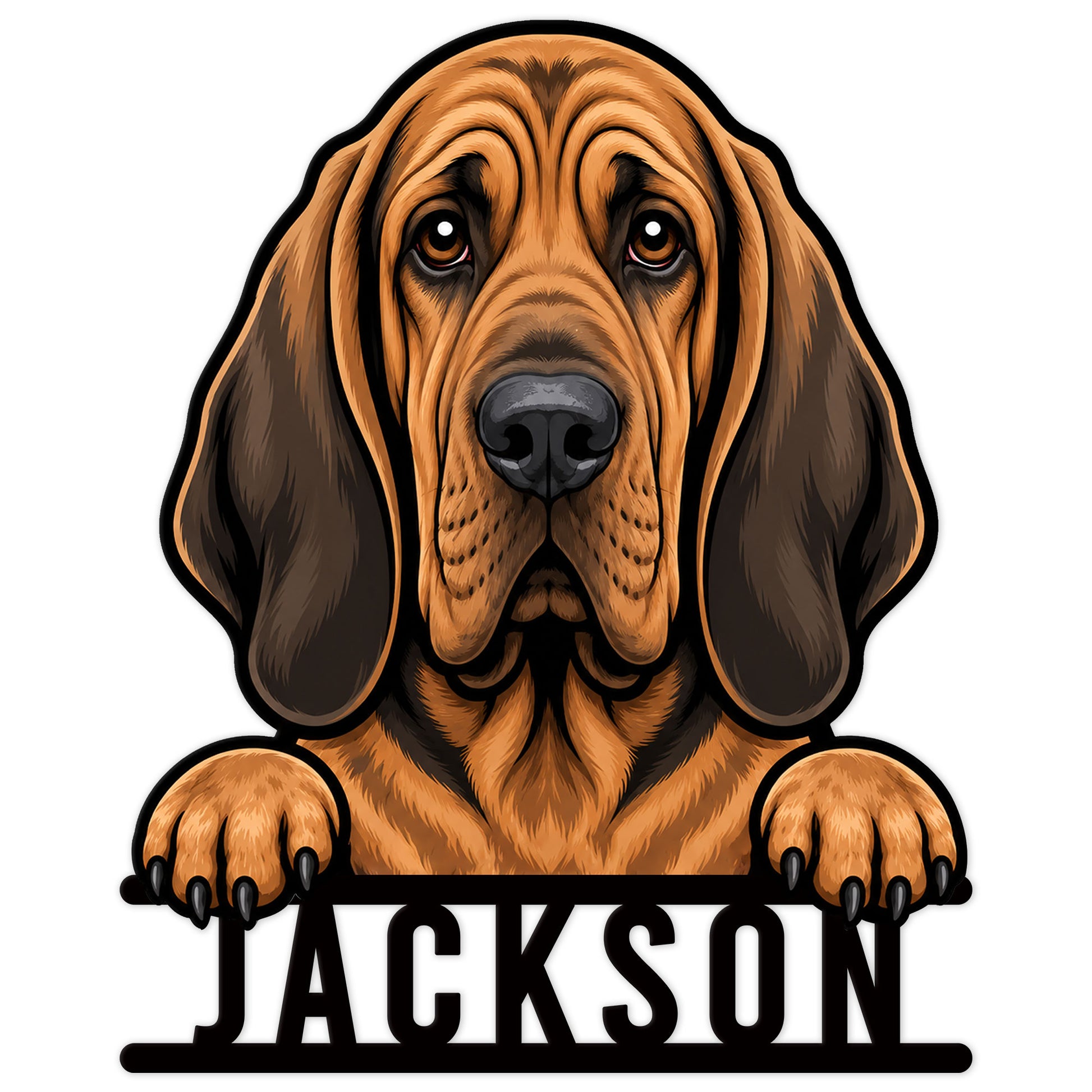 Detailed custom Bloodhound metal sign featuring a front-facing hound portrait with paws resting over a bold base